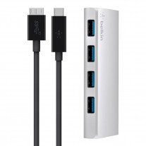 Концентратор Belkin Ultra Hub Slim Metal USB 3.0 4 порта, USB-C кабель, активный с БП, silver (F4U088vf)